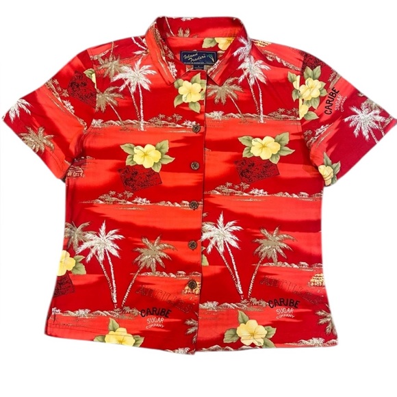 Island Traders Tops - Women’s Vintage 90s Island Traders Red Tropical Floral‎ Hawaiian Button Down